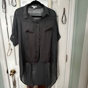 Cotton On Sheer Oversized‎ Button Down Shirt Dark Gray High Low Tunic Top Size S